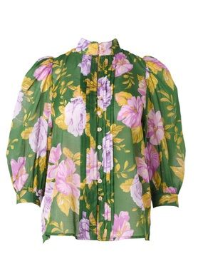 Smythe Frontier Blouse in Forest Floral Size L NWOT Gorgeous Puff-Sleeve